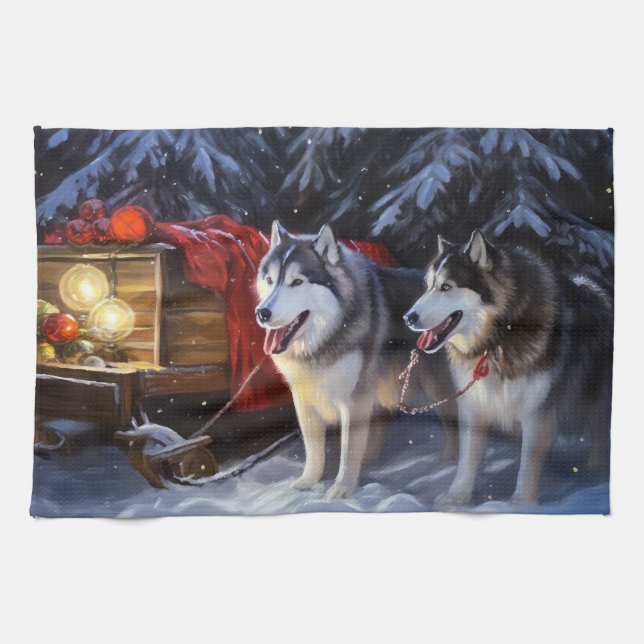 Paño De Cocina Navidades de Alaskan Malamute Snowy Sleigh Ride (Horizontal)