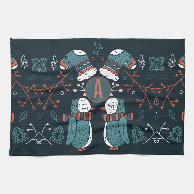 Paño De Cocina Navidades de arte folclórico monogramados Lechuzas (Horizontal)