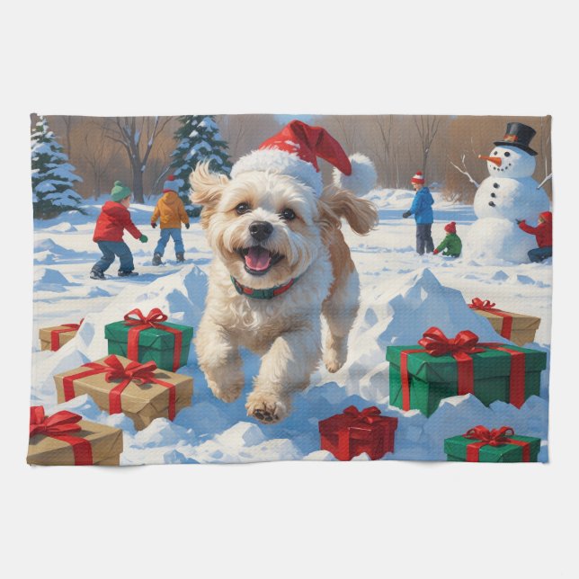 Paño De Cocina Navidades de Bichon Frise Festivan Escena de Nieve (Horizontal)