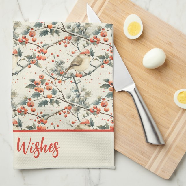 Paño De Cocina Navidades de Birds Winter Holly Red Berries (Doblado Cuarto)