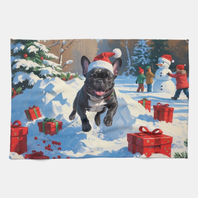 Paño De Cocina Navidades de Bulldog de Francia negra celebran esc (Horizontal)