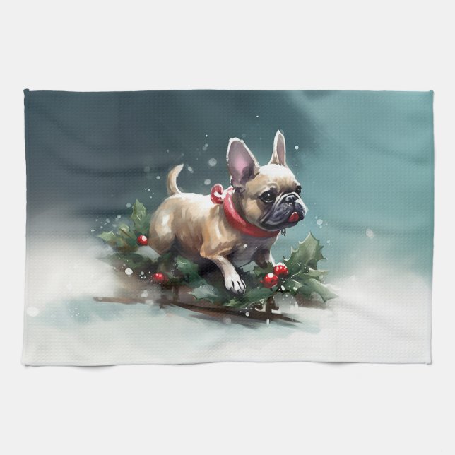 Paño De Cocina Navidades de Bulldog franceses nevan el invierno (Horizontal)