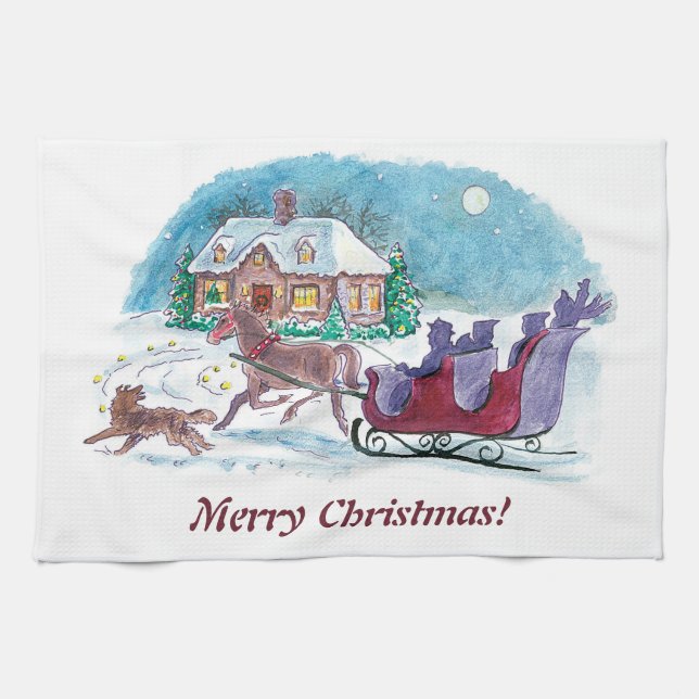 Paño De Cocina Navidades de Caballos y Sleigh Antiguos (Horizontal)