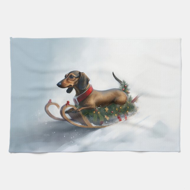 Paño De Cocina Navidades de Dachshund en invierno (Horizontal)