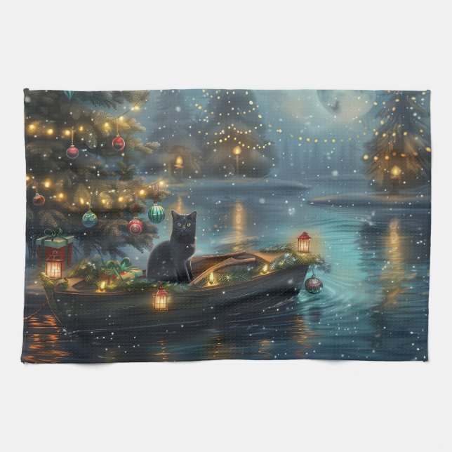 Paño De Cocina Navidades de gato negro disfrutan de la fiesta (Horizontal)