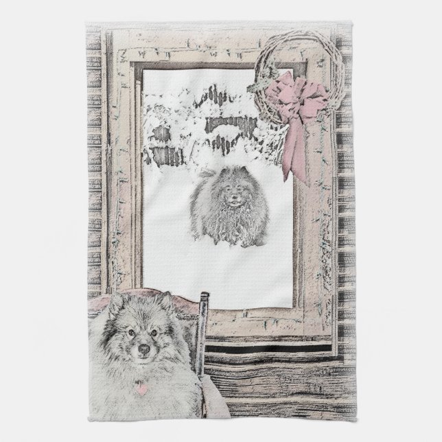 Paño De Cocina Navidades de Keeshond Ventana de Invierno Pintura  (Vertical)