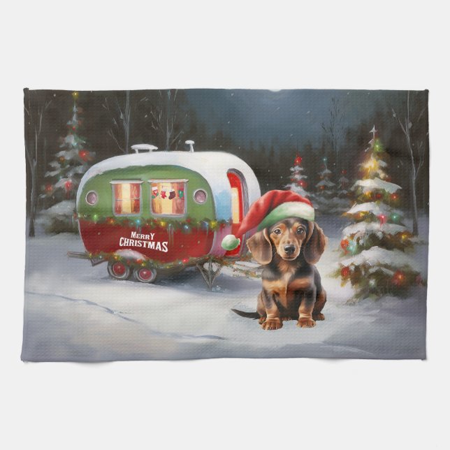 Paño De Cocina Navidades de la Caravana de Invierno de Dachshund (Horizontal)