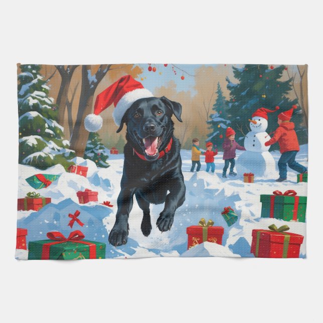 Paño De Cocina Navidades de Labrador Negro festejan escena de nie (Horizontal)