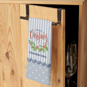 Paño De Cocina Navidades de las franjas azules Holly y Berries