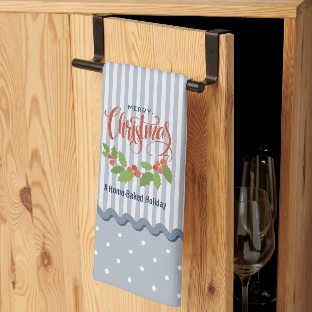 Paño De Cocina Navidades de las franjas azules Holly y Berries (Pliegue de tercios)