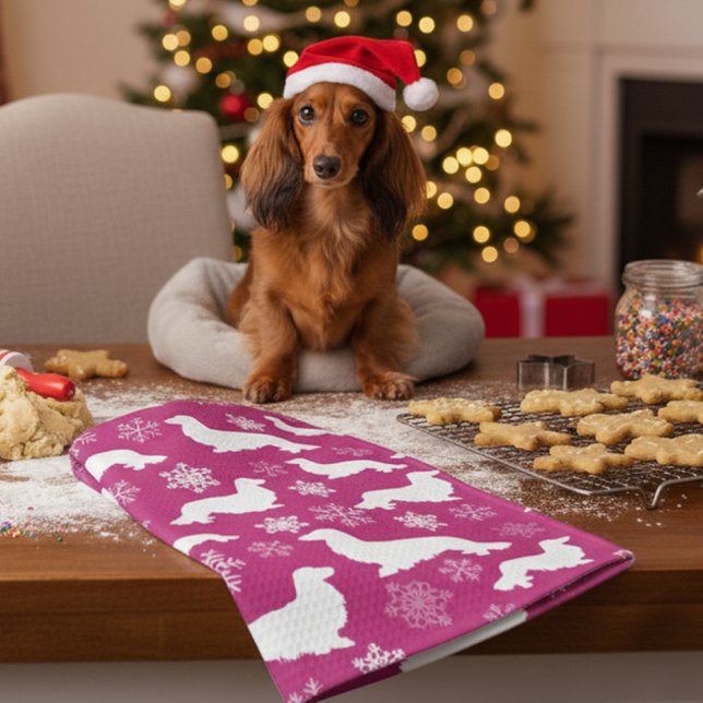 Paño De Cocina Navidades de Long Hair Dachshund obsequian a Fuchs (Pink Christmas long hair dachshund hostess gift for long hair wiener dog moms)