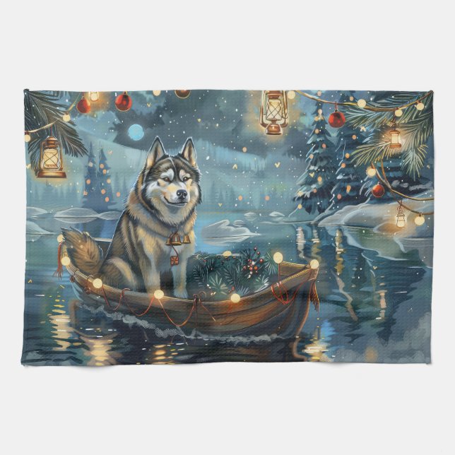 Paño De Cocina Navidades de Malamute de Alaska en un viaje festiv (Horizontal)