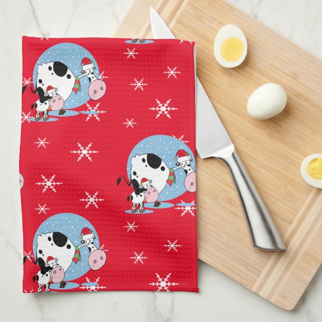 Paño De Cocina Navidades De País Vacas Con Sombrero Santa (Doblado Cuarto)