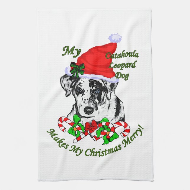 Paño De Cocina Navidades de Perros del Leopardo de Catahoula (Vertical)