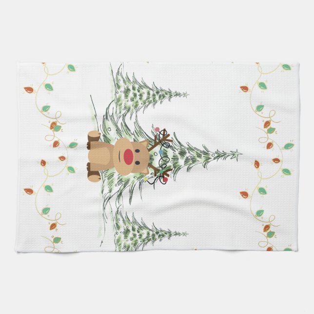 Paño De Cocina Navidades de renos alumbran árboles de invierno (Horizontal)