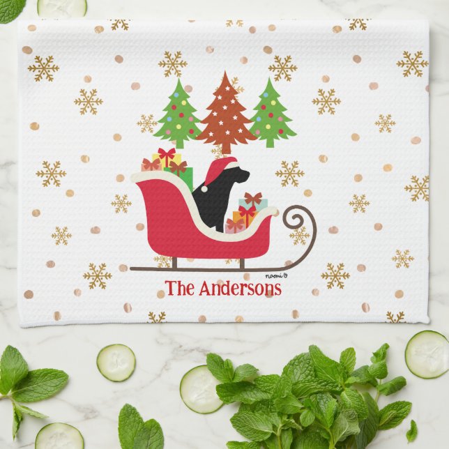 Paño De Cocina Navidades de Silhouette de Labrador Negro Sleigh (Doblado)