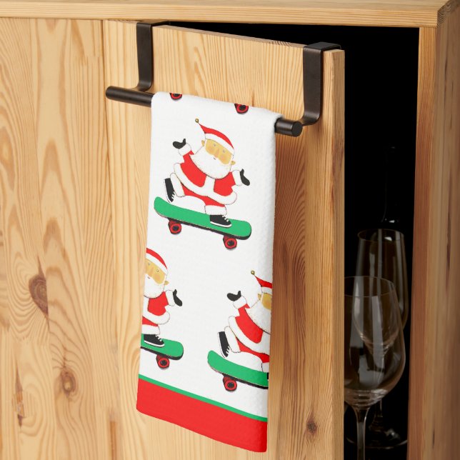 Paño De Cocina Navidades de Skateboarding de Santa (Pliegue de tercios)