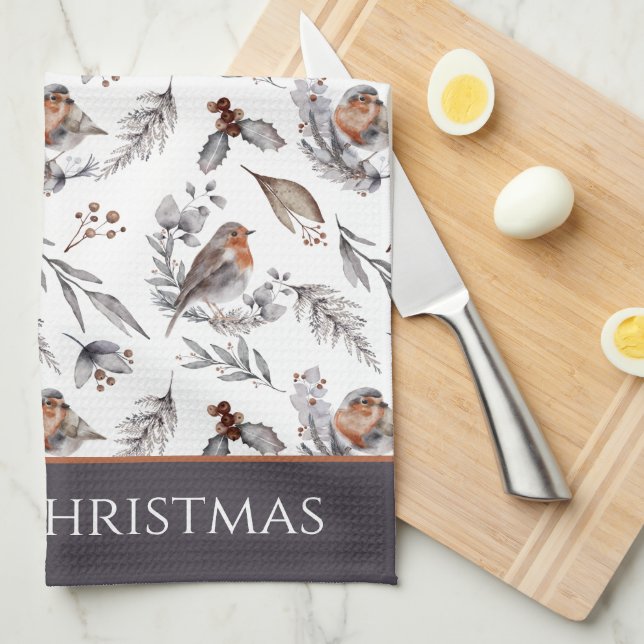 Paño De Cocina Navidades de Winter Bird y Holly Pattern (Doblado Cuarto)