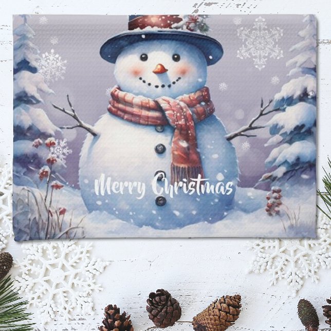Paño De Cocina Navidades de Winter Forest Snowman | Morado (Purple Winter Forest Snowman Christmas Kitchen Towel)
