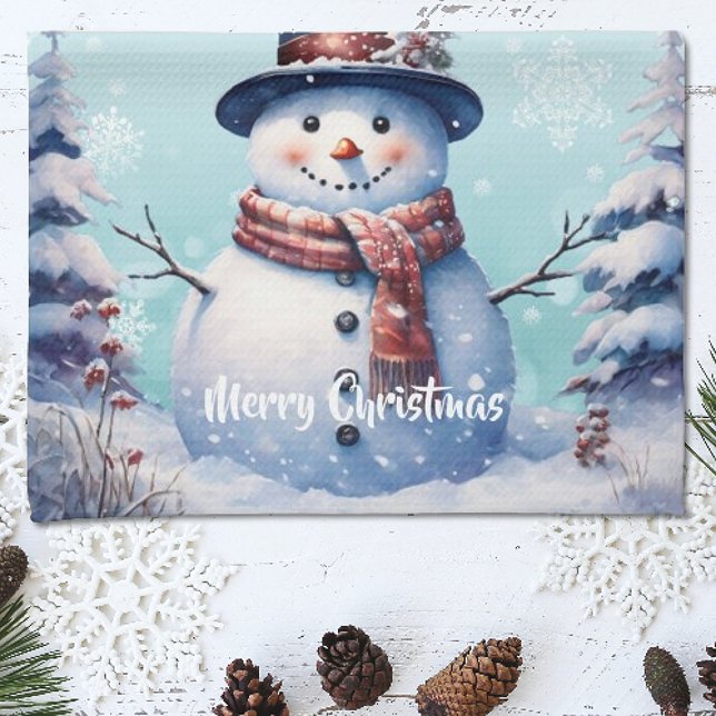 Paño De Cocina Navidades de Winter Forest Snowman | Turquesa (Teal Winter Forest Snowman Christmas Kitchen Towel)