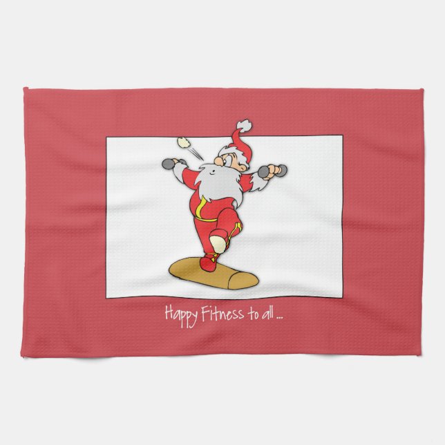 Paño De Cocina Navidades del ejercicio de fitness feliz con Santa (Horizontal)