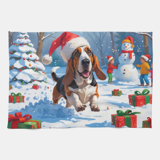 Paño De Cocina Navidades del Hound Basset Festive Escena de Nieve (Horizontal)
