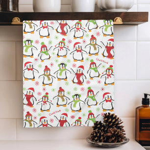 Paño De Cocina Navidades del patrón verde y rojo de los pingüinos