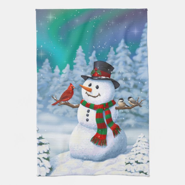 Paño De Cocina Navidades felices Snowman y Birds Winter Scene (Vertical)