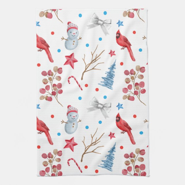 Paño De Cocina Navidades festivos Cardenales rojos muñecos de nie (Vertical)