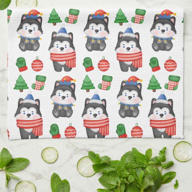 Paño De Cocina Navidades festivos Husky Puppy Dog Santa (Doblado)