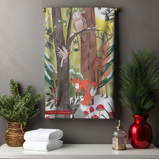 Paño De Cocina Navidades forestales ecológicos de animales de bos (Cute woodland animals green forest Christmas Kitchen Towel)