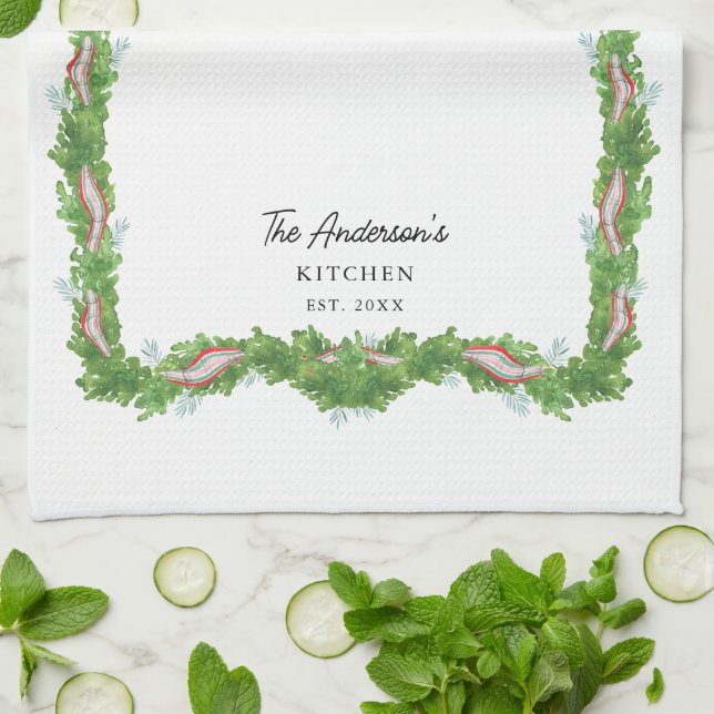 Paño De Cocina Navidades garland bow Family Kitchen Personalizado (Doblado)