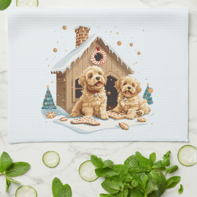 Paño De Cocina Navidades Golden Retriever Dogs Gingerbread House (Doblado)