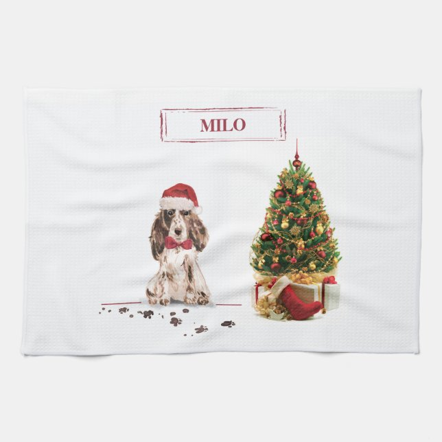 Paño De Cocina Navidades graciosos de Cocker Brown con un árbol (Horizontal)