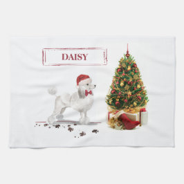 Paño De Cocina Navidades graciosos de White Poodle con árbol