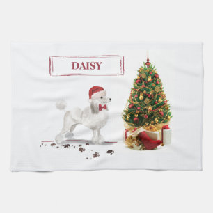 Paño De Cocina Navidades graciosos de White Poodle con árbol