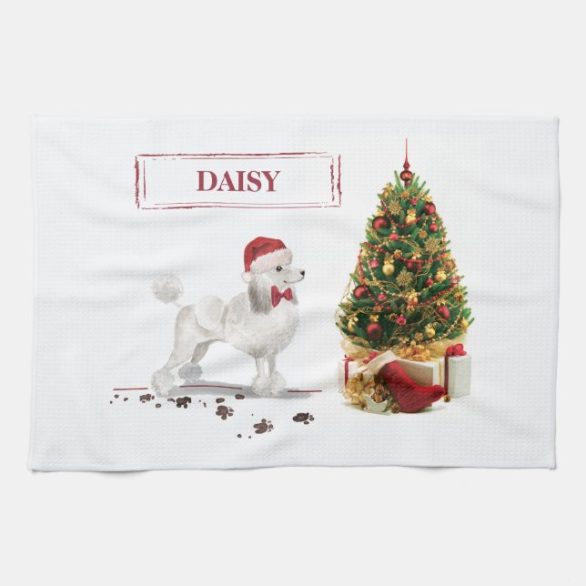 Paño De Cocina Navidades graciosos de White Poodle con árbol (Horizontal)