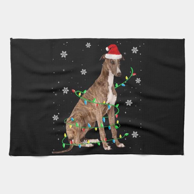 Paño De Cocina navidades grises iluminan lindo santa greyhound (Horizontal)