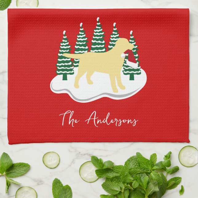 Paño De Cocina Navidades Labrador Amarillos Árboles Evergreen (Doblado)