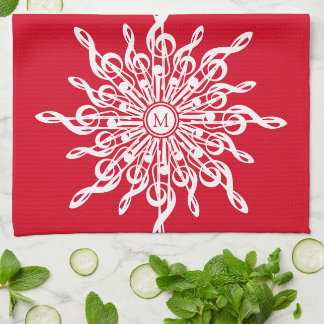 Paño De Cocina Navidades Monograma Ornamental Rojo G-Clef Snowfla (Doblado)