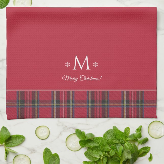 Paño De Cocina Navidades Monogramas Personalizados de Tartán Rojo (Doblado)