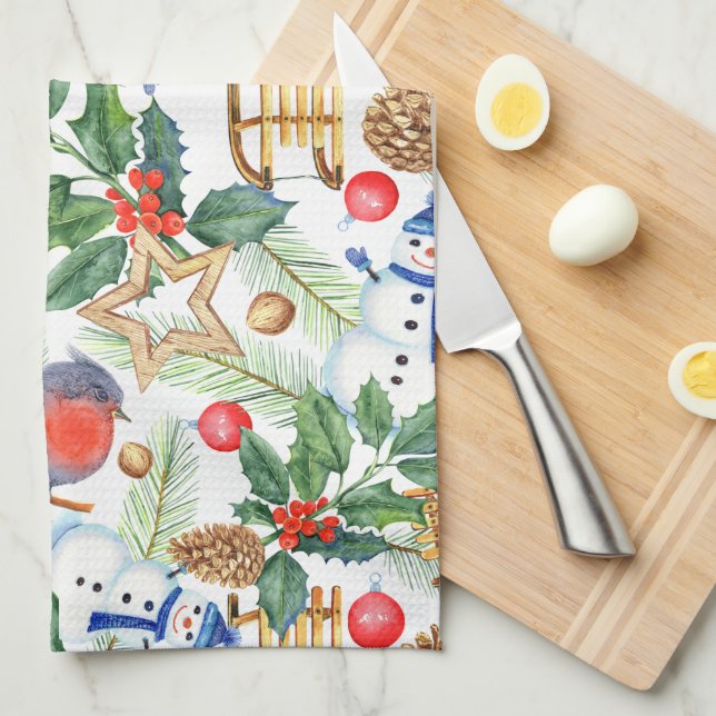 Paño De Cocina Navidades navideños navideños Snowman, piñones, Ho (Doblado Cuarto)