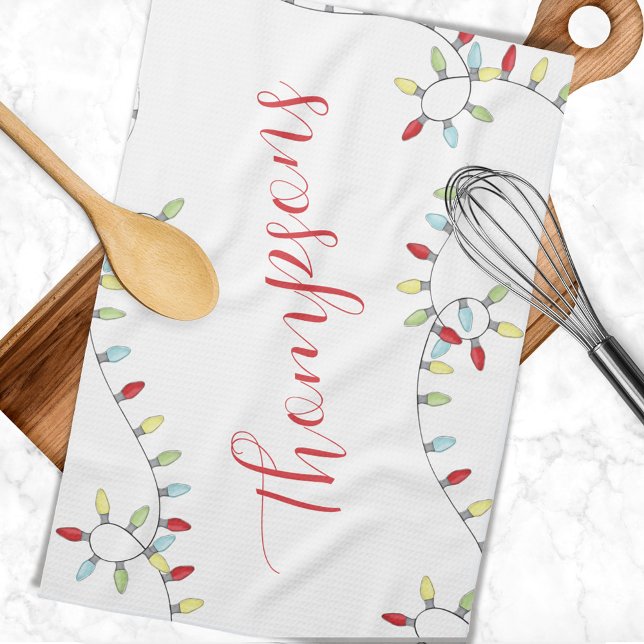 Paño De Cocina Navidades Personalizado Nombre de familia Luces de (Whimsical colorful Christmas string light kitchen towel)
