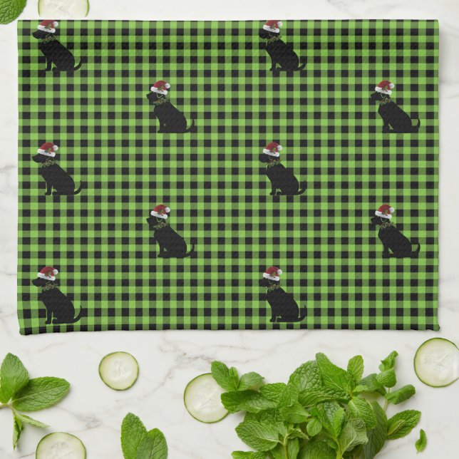 Paño De Cocina Navidades Preppy Black Lab Pattern Green Gingham (Doblado)