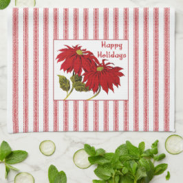 Paño De Cocina Navidades retro Poinsettia franja roja y blanca