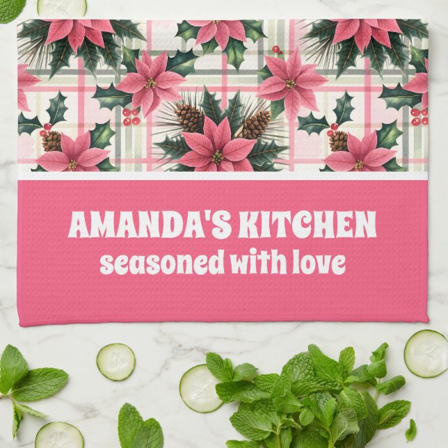 Paño De Cocina Navidades Retro Rosado Plaid Floral Feliz Navidad (Doblado)