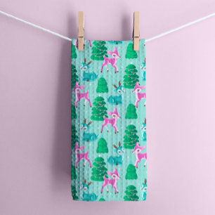 Paño De Cocina Navidades retro vintage renos en Aqua