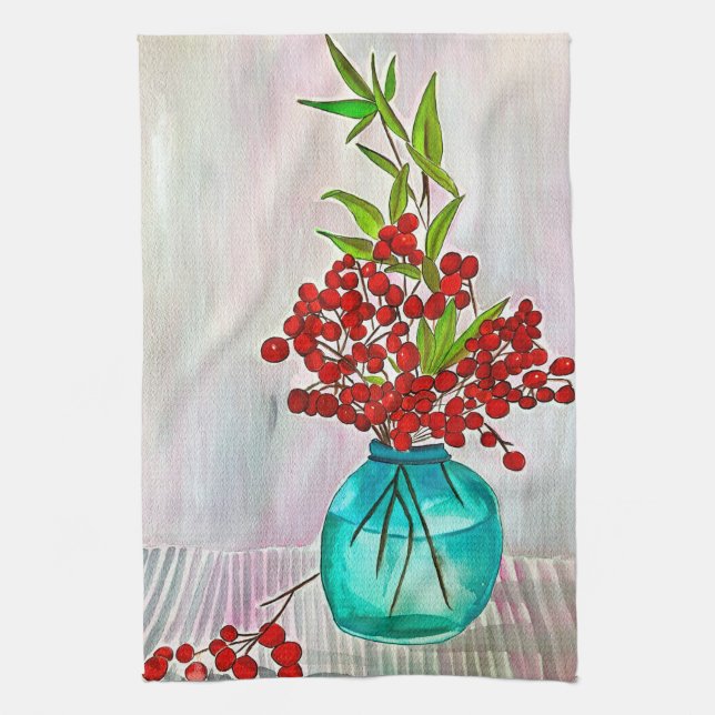 Paño De Cocina Navidades rojos Berries acuarela arte fino (Vertical)