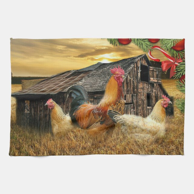 Paño De Cocina Navidades Rooster Hen Barn Coop Farm (Horizontal)