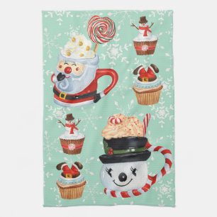 Paño De Cocina Navidades Santa y Snowman Hot Cocoa & Cupcakes